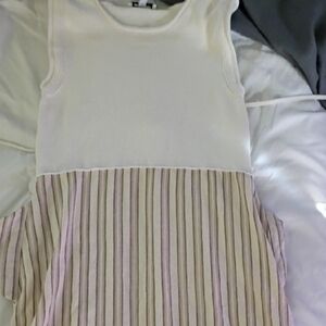 Elegant Sleeveless White and Tan Striped Midi Dress